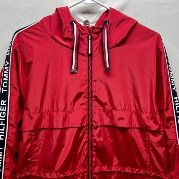 Tommy Hilfiger Jacket Women's XL Crimson Red Hooded Full Zip Windbreaker Coat EC - Picture 2 of 16